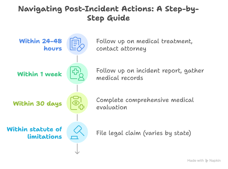 Timeline flowchart showing post-accident actions with deadlines:
