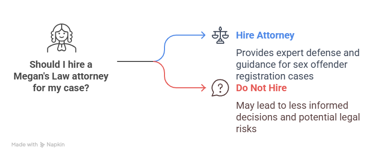 Hire Attorney Provides expert defense and guidance for sex offender registration cases Should I hire a Megan's Law attorney for my case? Do Not Hire May lead to less informed decisions and potential legal risks
