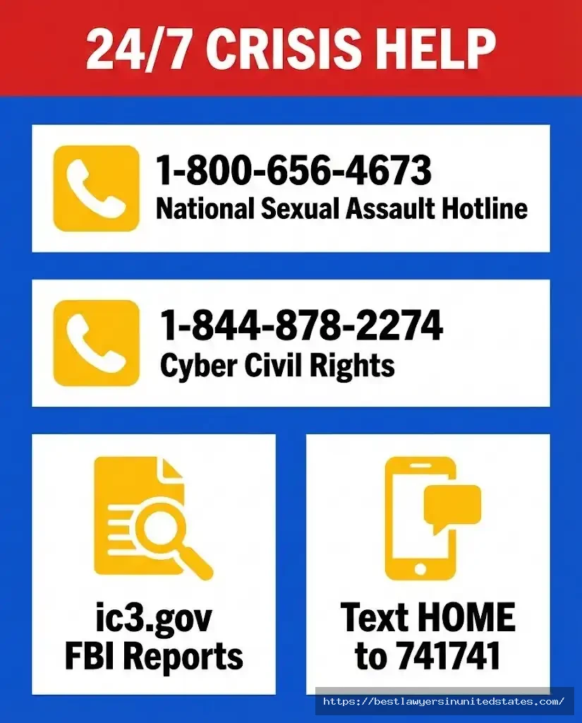 247 crisis resources for facial abuse lawsuit victims - National Sexual Assault Hotline and Cyber Civil Rights Initiative contact information
