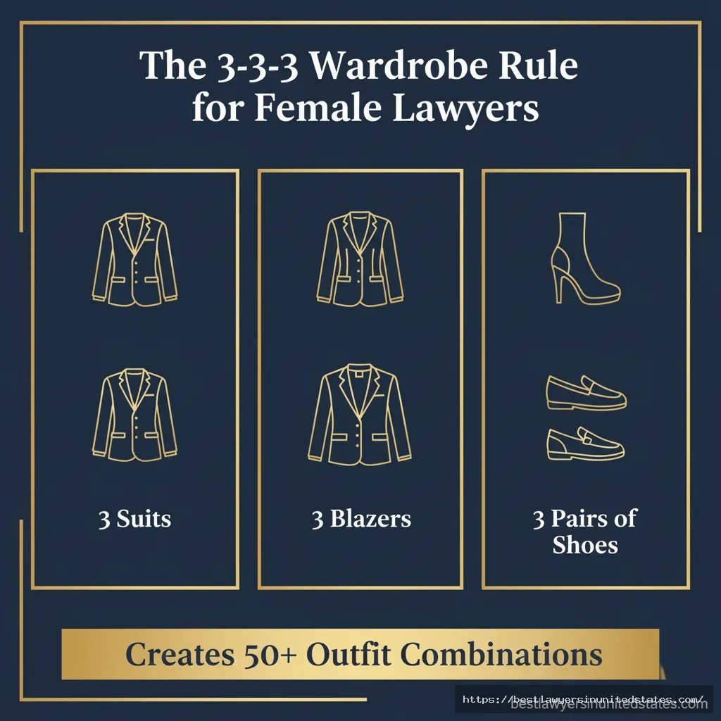 3-3-3 wardrobe rule infographic showing essential clothing pieces for female lawyers including suits, blazers and shoes