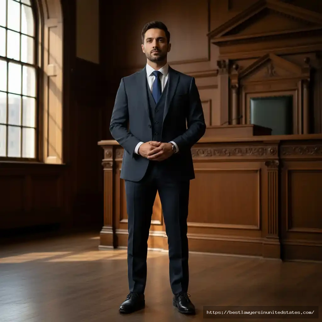 Classic lawyer courtroom attire - charcoal suit with traditional styling