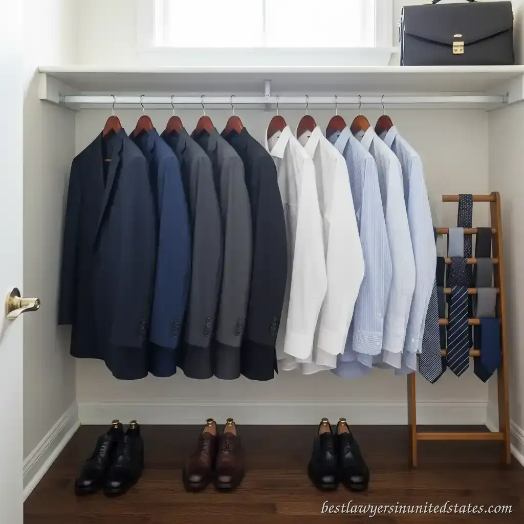 Essential lawyer wardrobe - organized professional suit collection