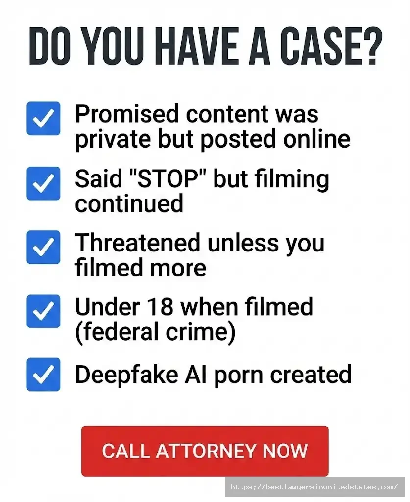 Facial abuse lawsuit case assessment - legal checklist showing signs of non-consensual pornography and coercion