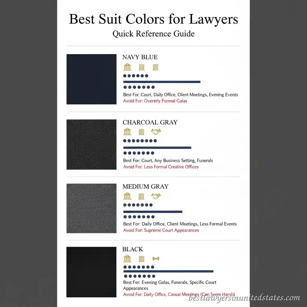 Infographic guide to best suit colors for lawyers with formality ratings