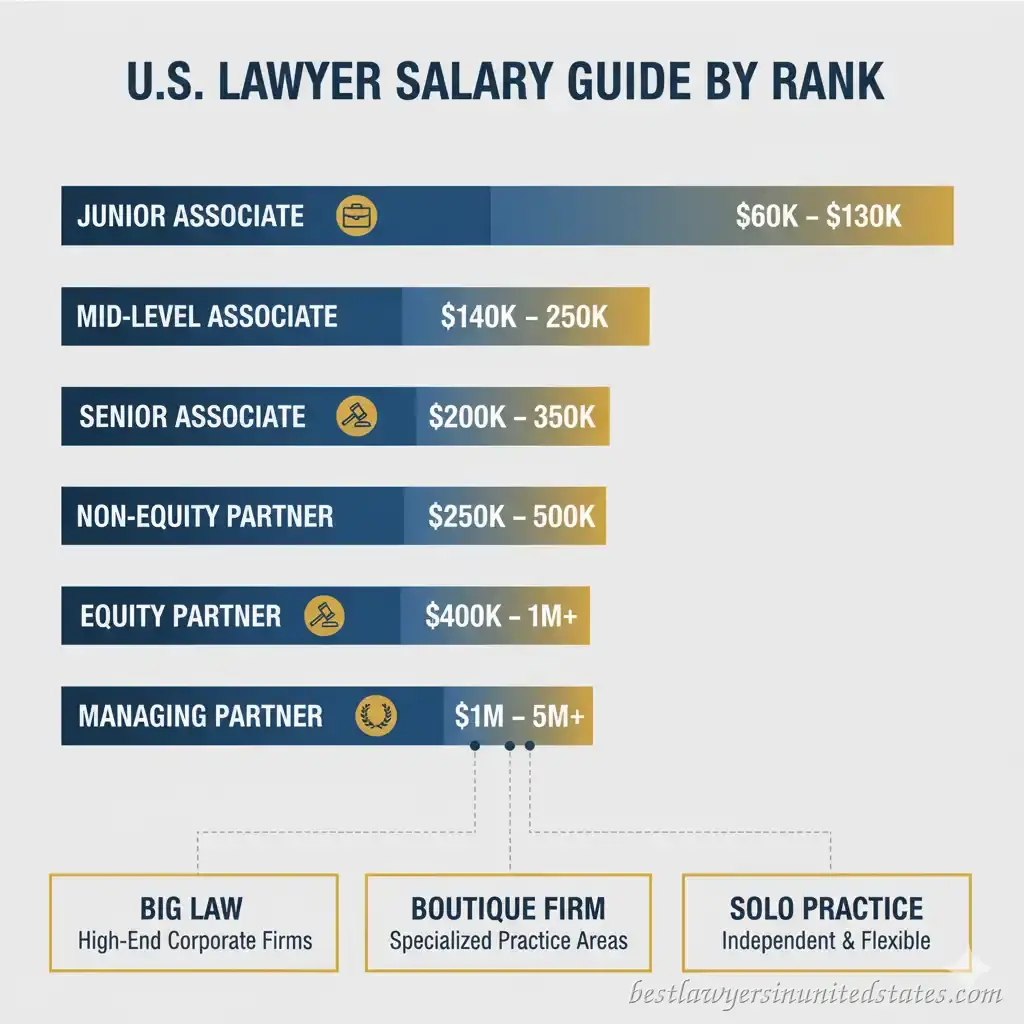 Lawyer salary scale infographic comparing earnings by rank and firm type