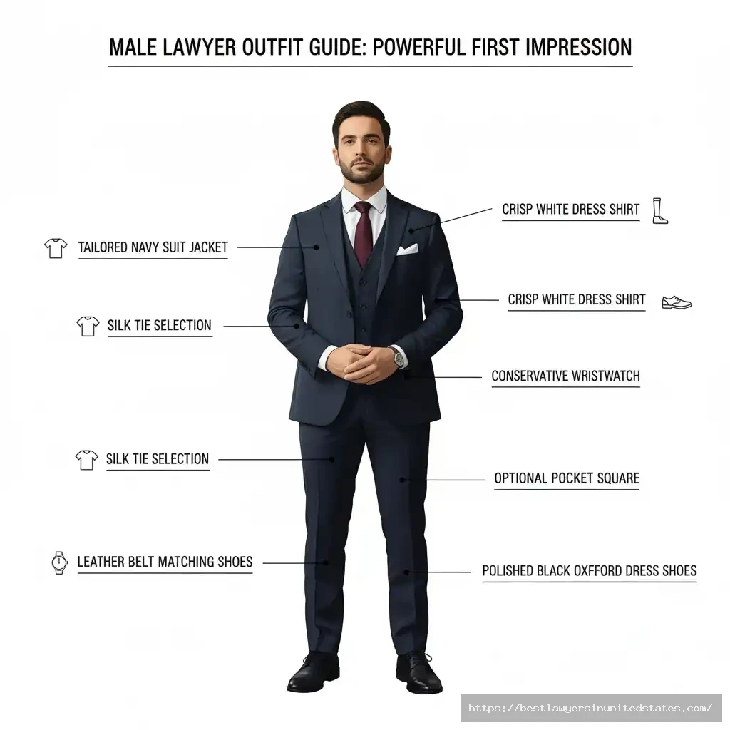 Male lawyer attire essentials infographic - complete outfit breakdown with labels