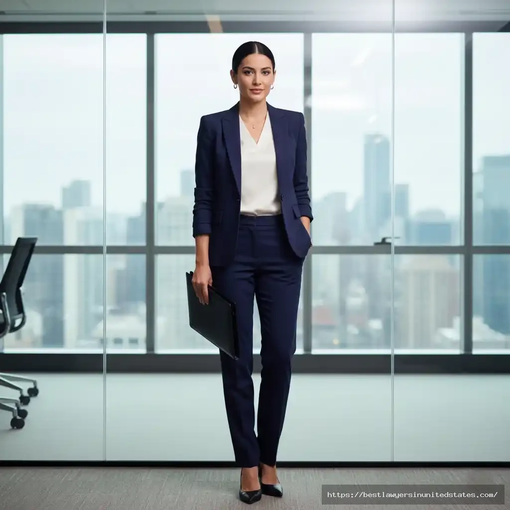 Professional female lawyer in navy pantsuit - courtroom appropriate attire