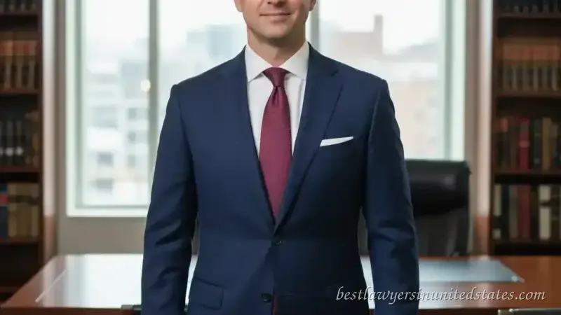 Professional lawyer wearing navy blue suit in law office - best lawyer suit style