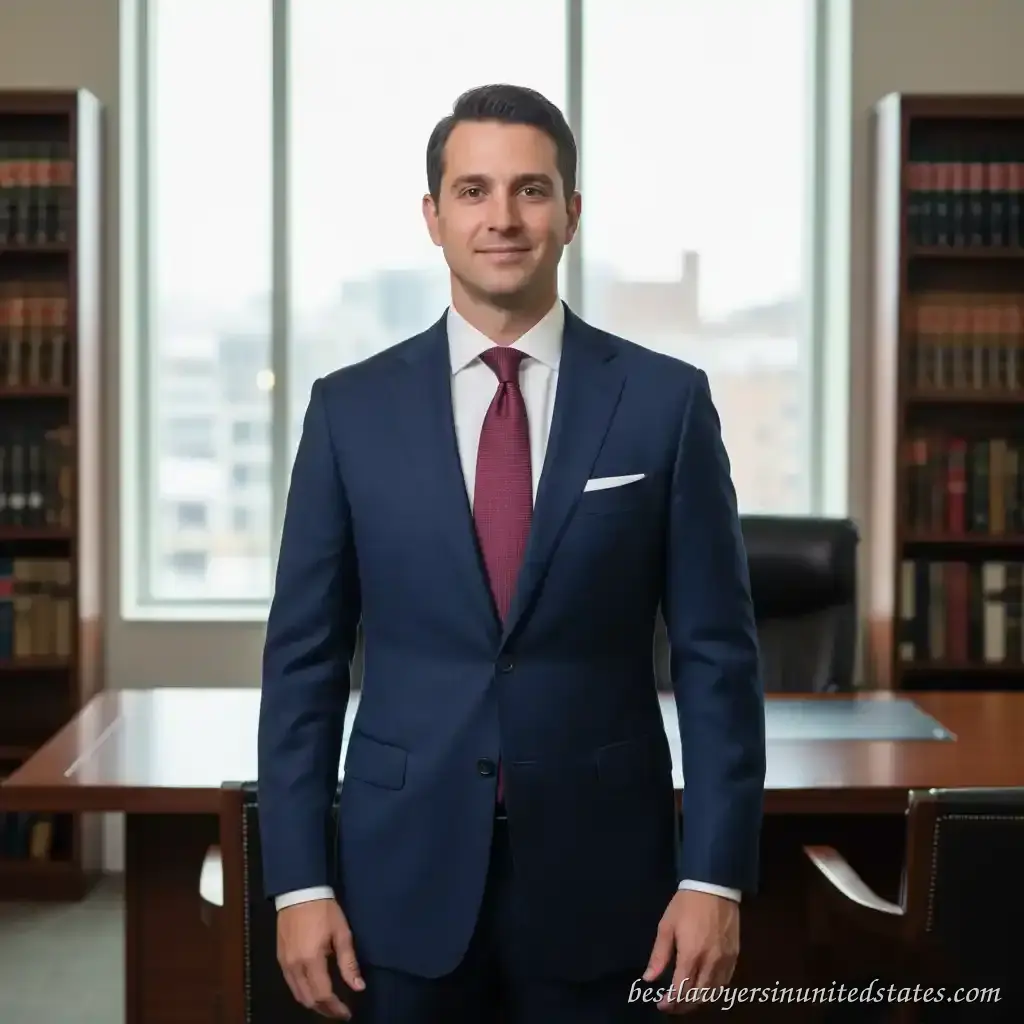 Professional lawyer wearing navy blue suit in law office - best lawyer suit style