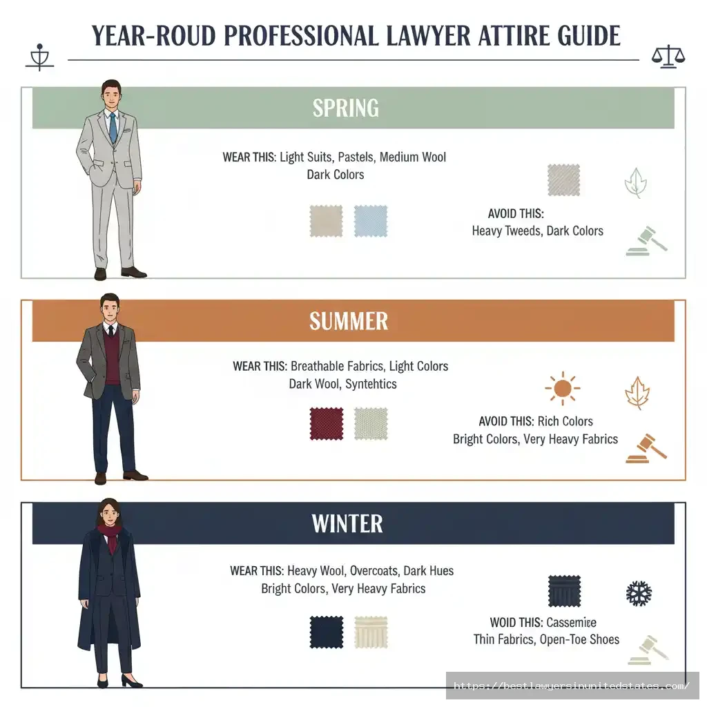 Seasonal lawyer attire guide infographic - professional outfits for all weather