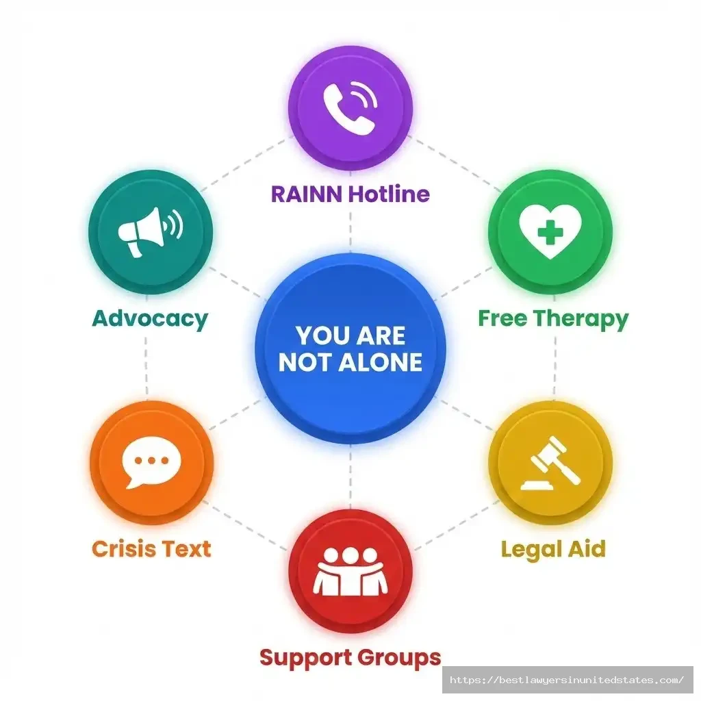 Support network for non-consensual content victims - RAINN hotline, free therapy, legal aid, and crisis resources