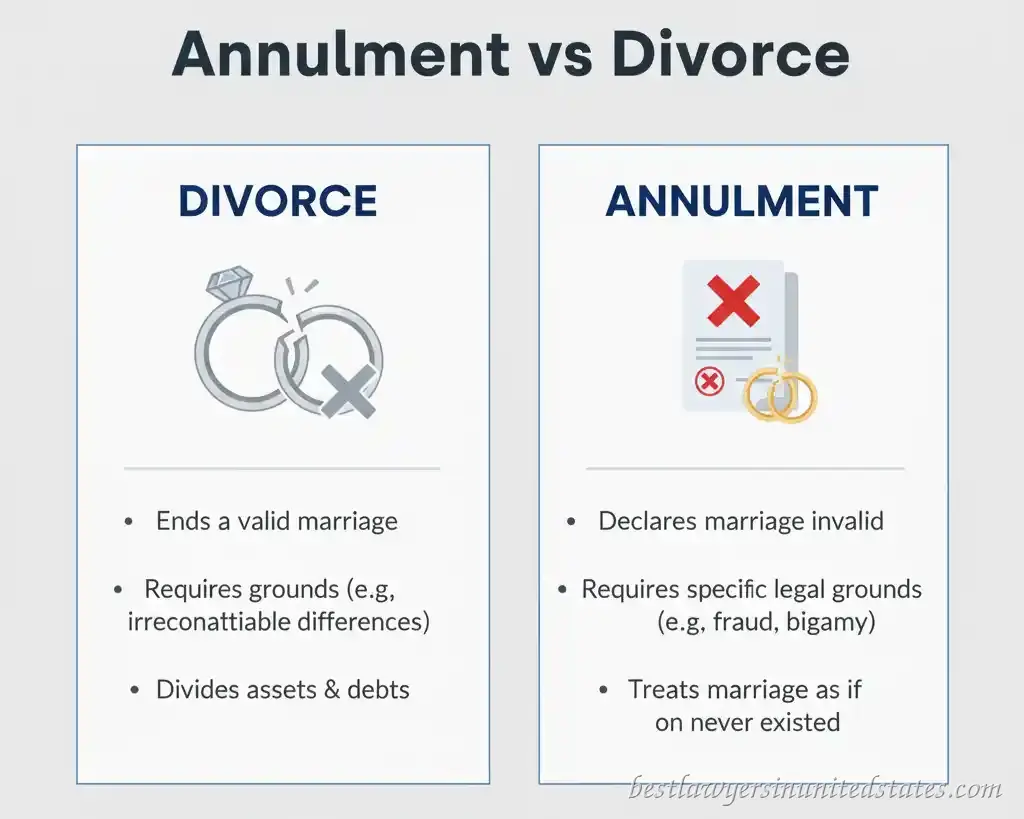 infographic showing key differences between annulment and divorce