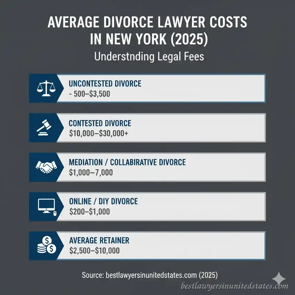 Average divorce lawyer costs in New York 2025 comparison chart