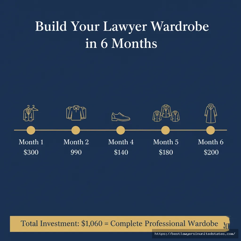 Six-month budget wardrobe building timeline for new female lawyers showing monthly purchases from suits to winter coat