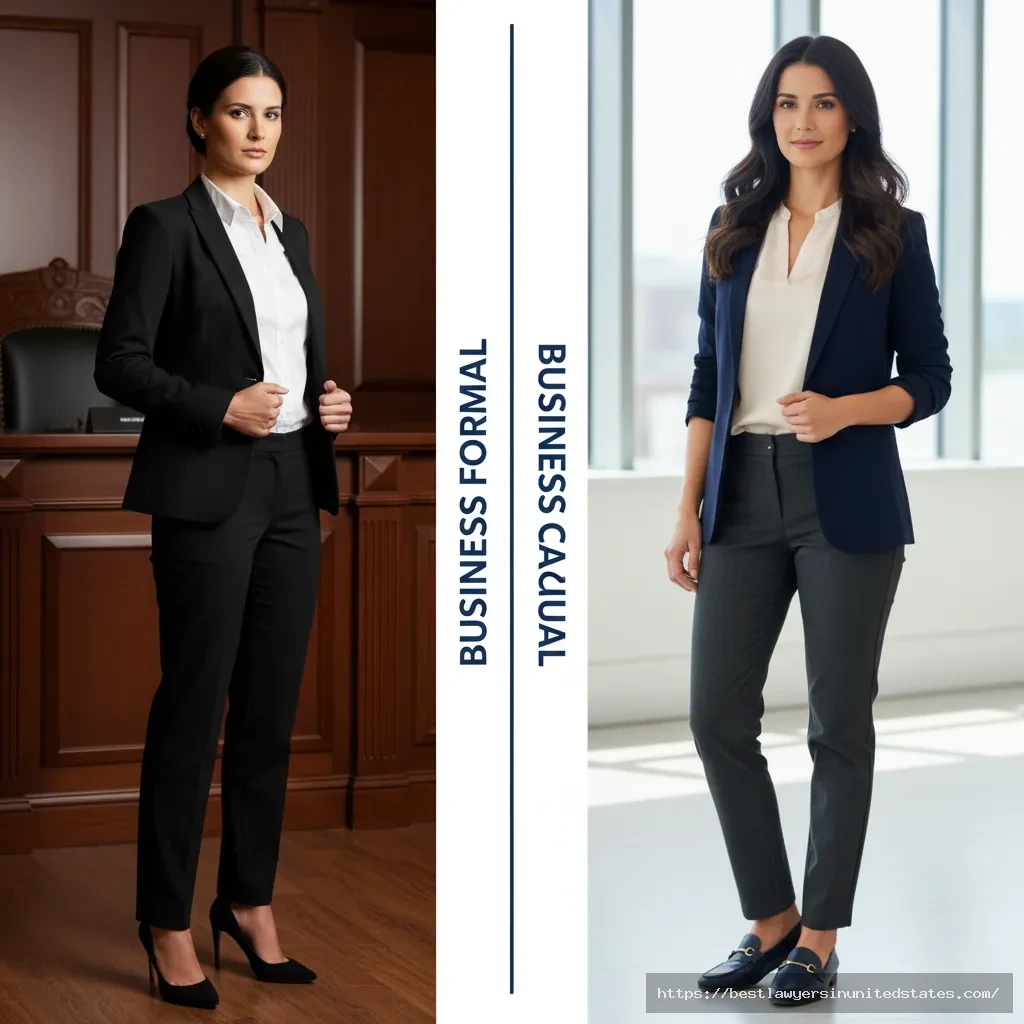 Side by side comparison of business formal courtroom attire versus business casual office wear for female attorneys