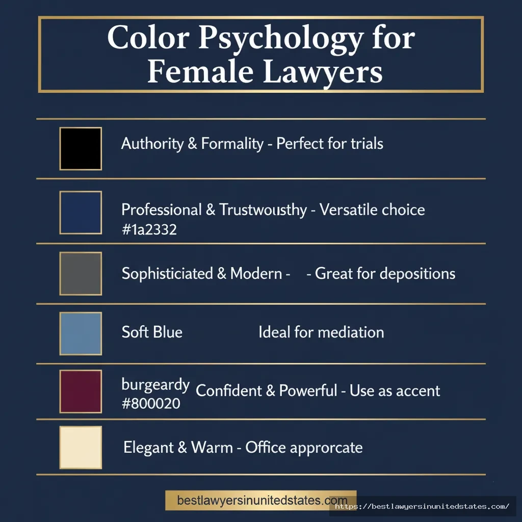 Color psychology guide showing best colors for female lawyer outfits from formal black to approachable soft blue
