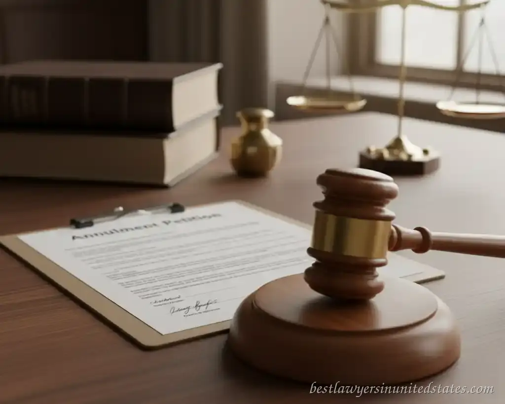 judge’s gavel and annulment petition document on courtroom desk