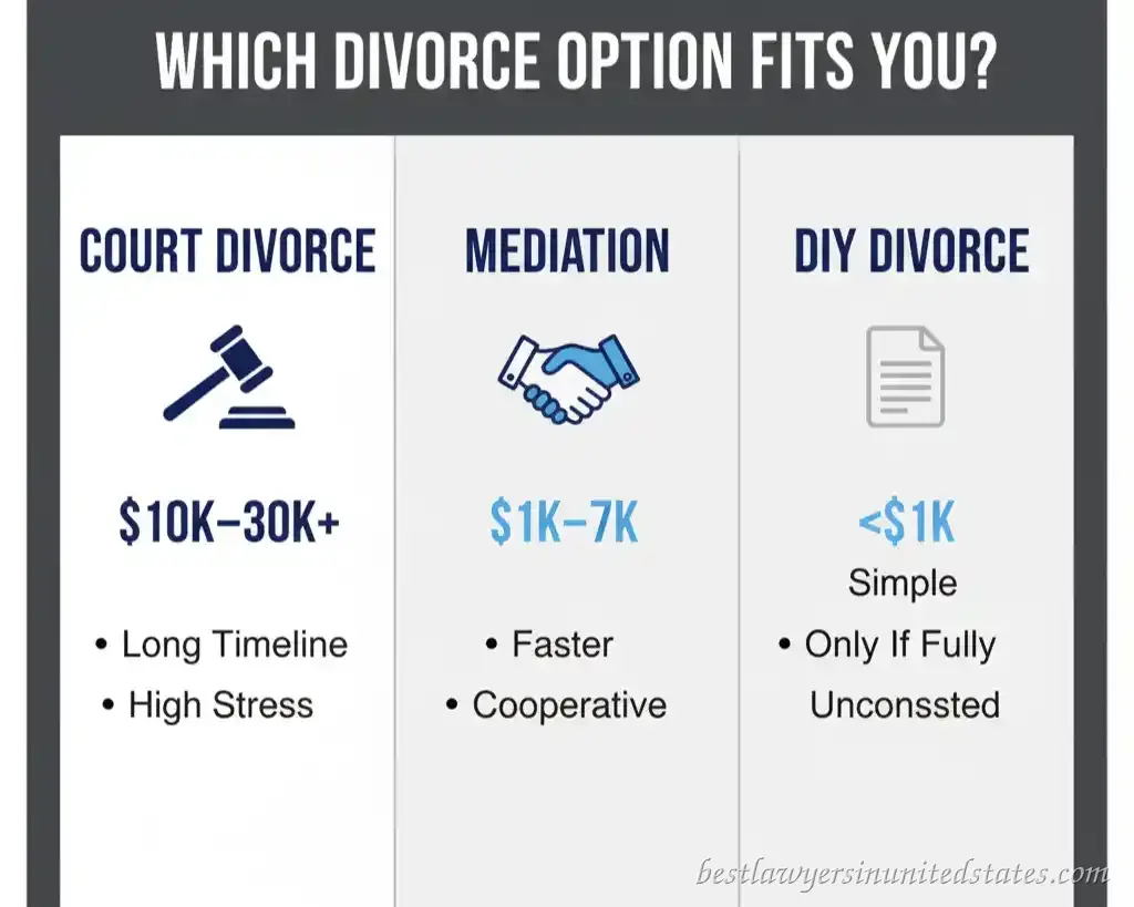 Comparison chart of divorce options and costs in New York