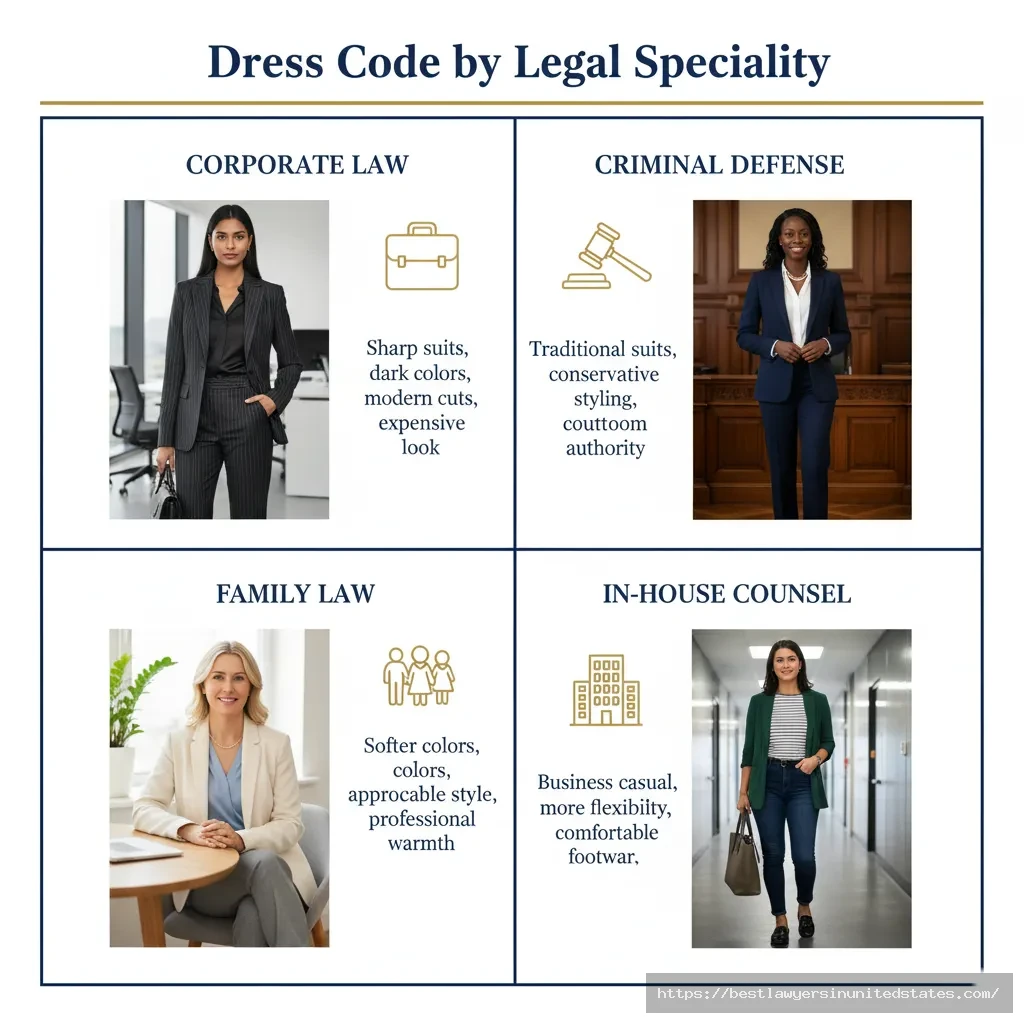 Dress code comparison matrix showing appropriate attire for different legal specialties including corporate, criminal, family and in-house counsel