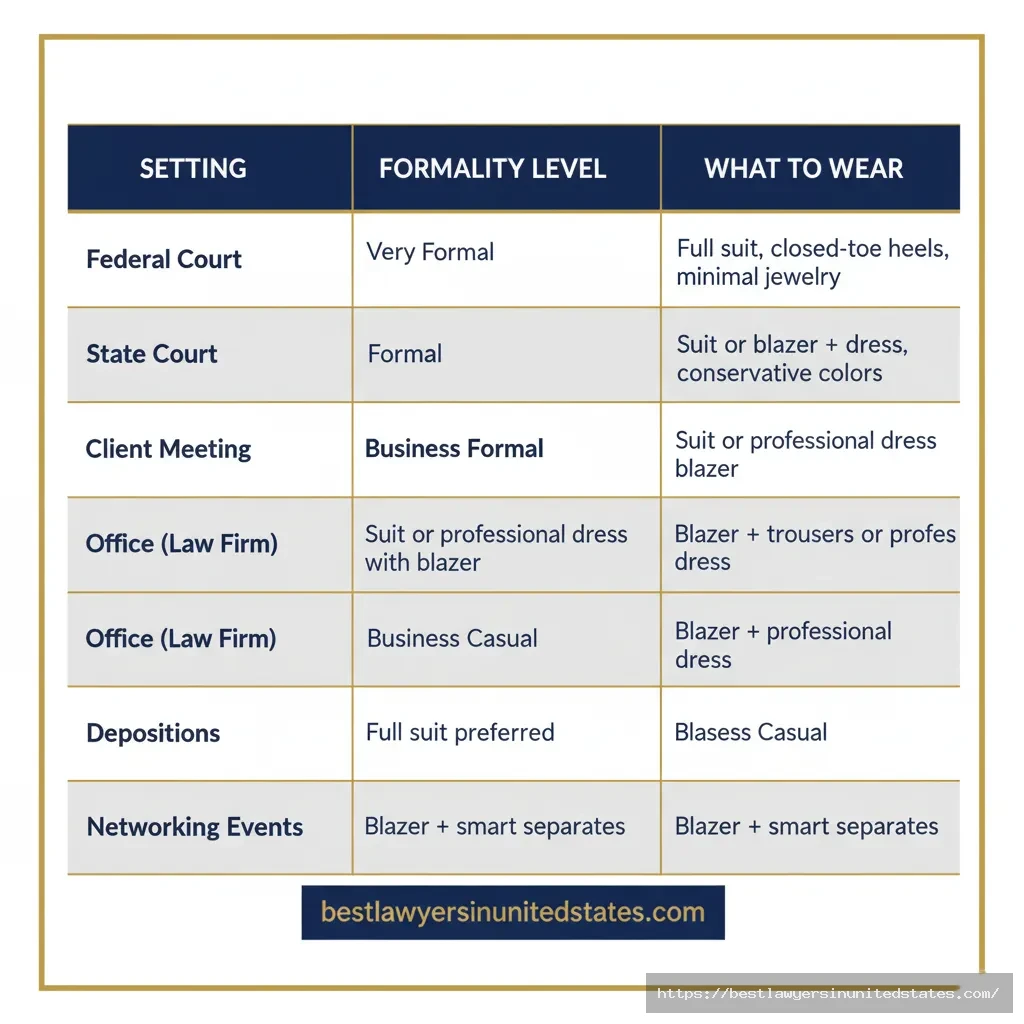 Dress code quick reference table for female lawyers showing appropriate attire for court, office and client meetings