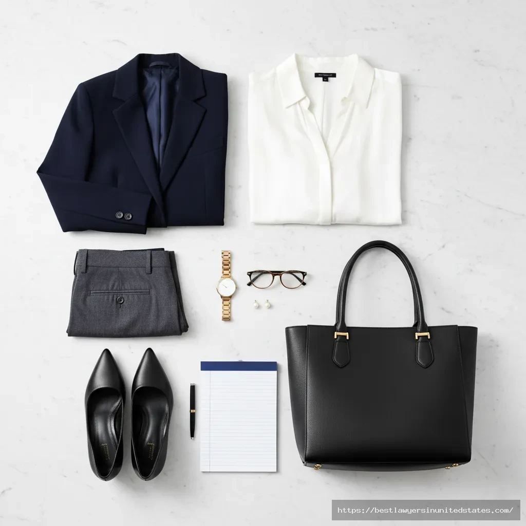 Flat lay of essential wardrobe pieces for female lawyers including navy blazer, white blouse, trousers and professional accessories