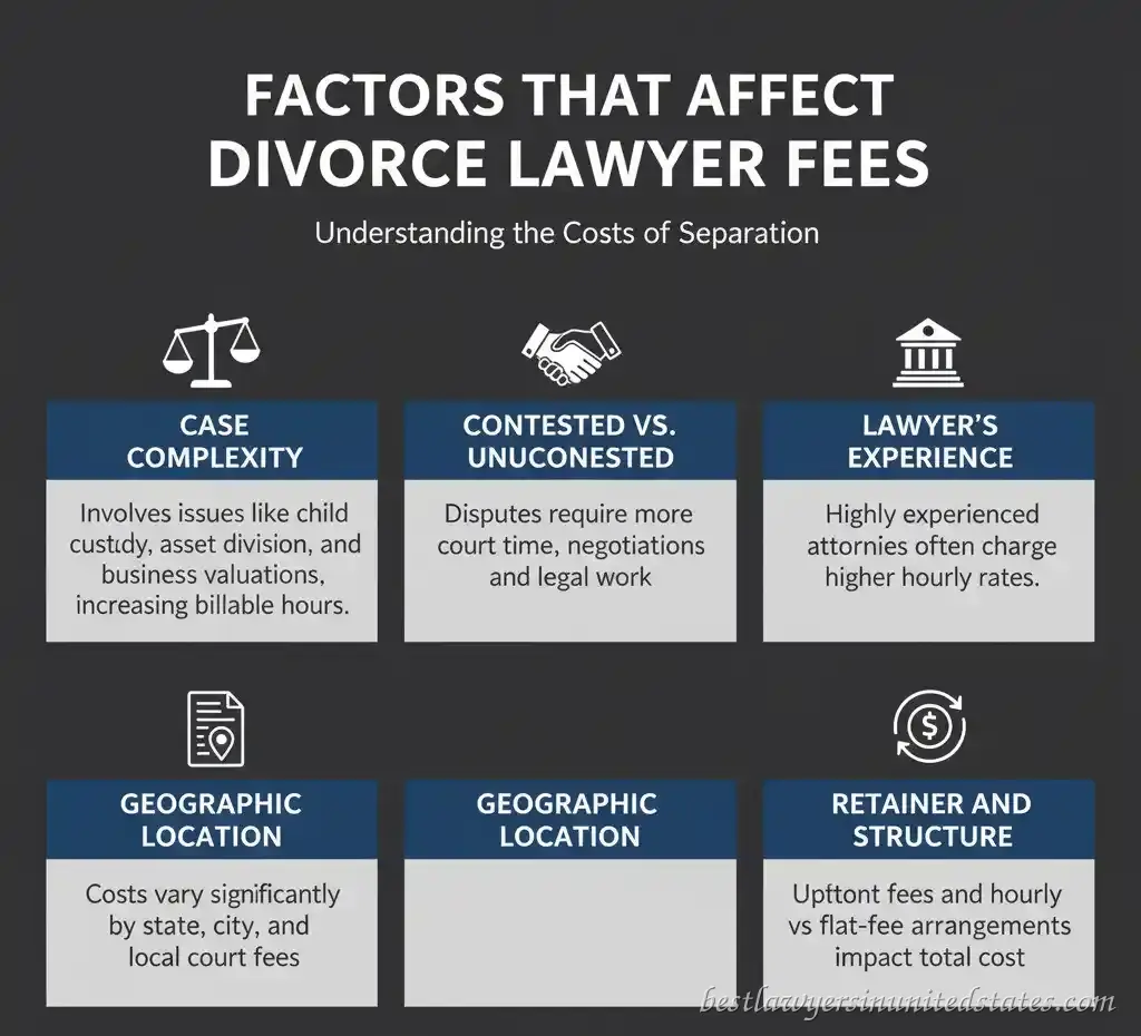 Key factors that affect divorce lawyer costs in New York infographic