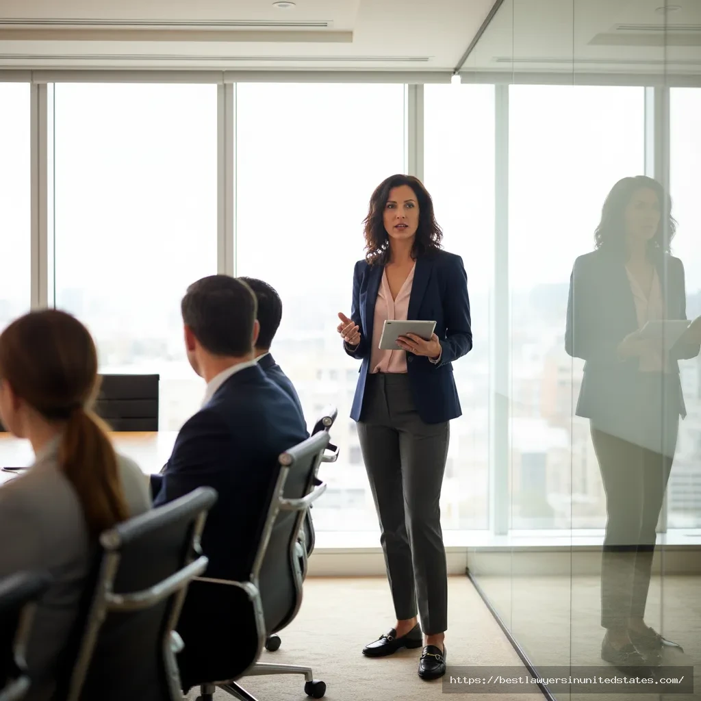 Female lawyer in business casual attire with navy blazer and trousers leading office meeting at law firm