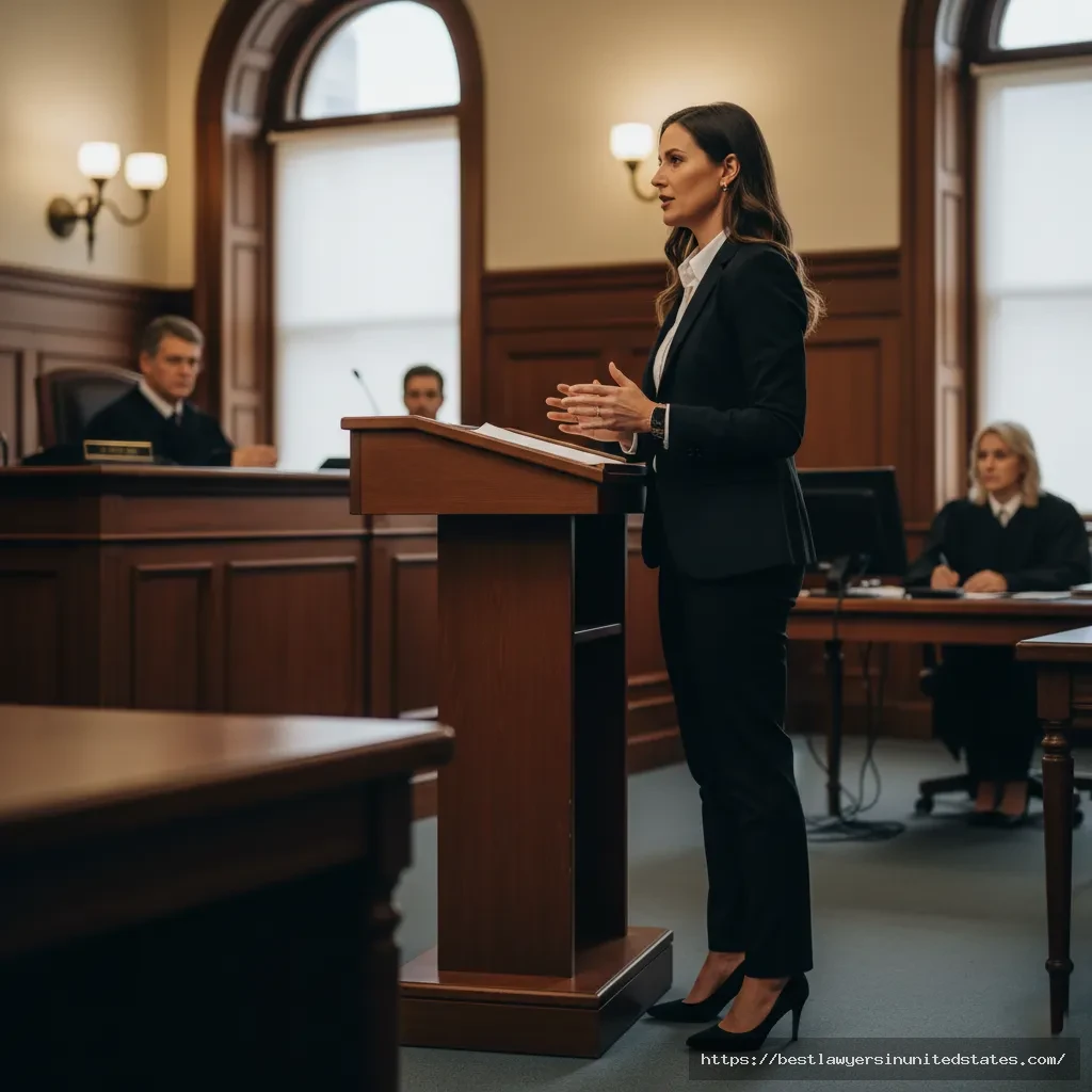 Female attorney in black suit presenting case in courtroom demonstrating proper business formal courtroom attire