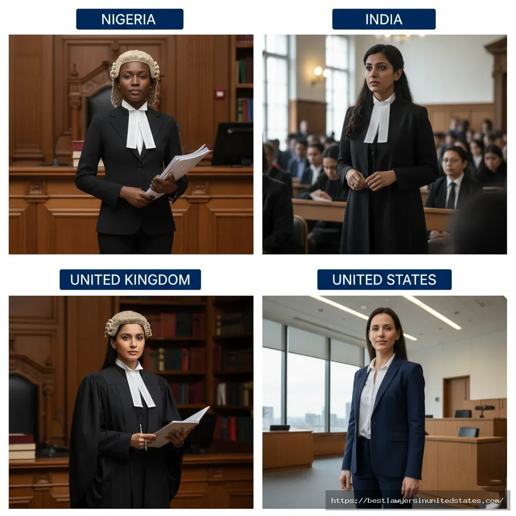 Country-specific courtroom dress codes for female lawyers showing traditional attire in Nigeria, India, UK and USA