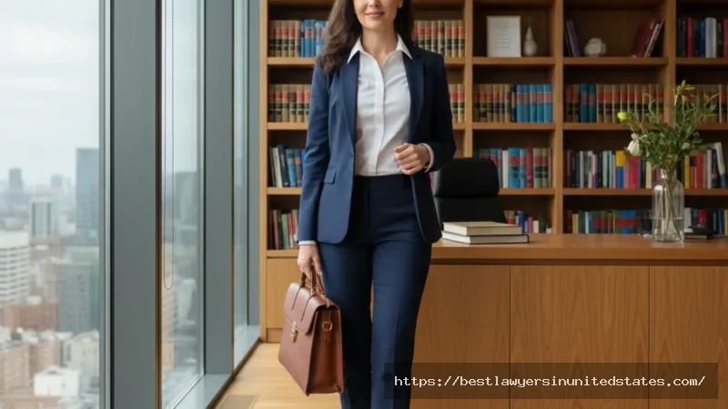 Confident female lawyer in navy blue suit standing in modern law office demonstrating professional courtroom attire