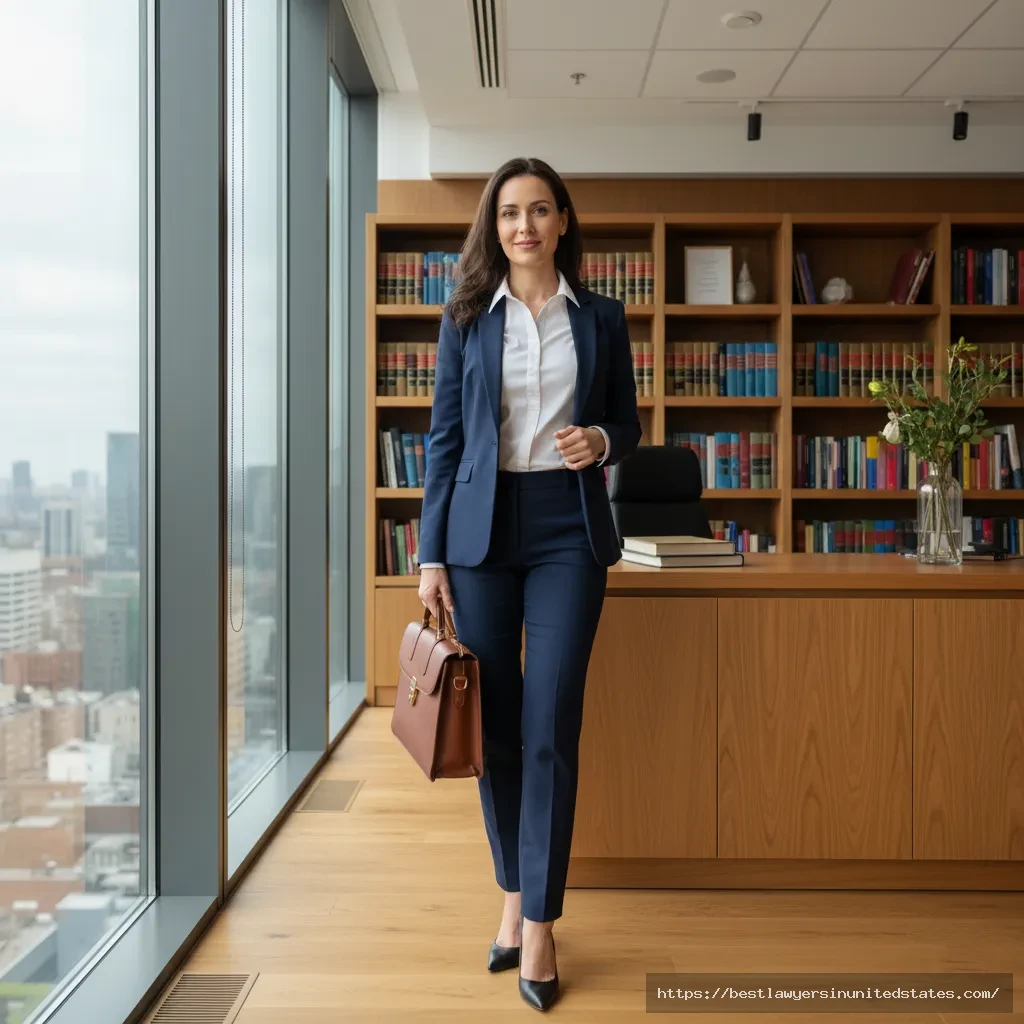 Confident female lawyer in navy blue suit standing in modern law office demonstrating professional courtroom attire