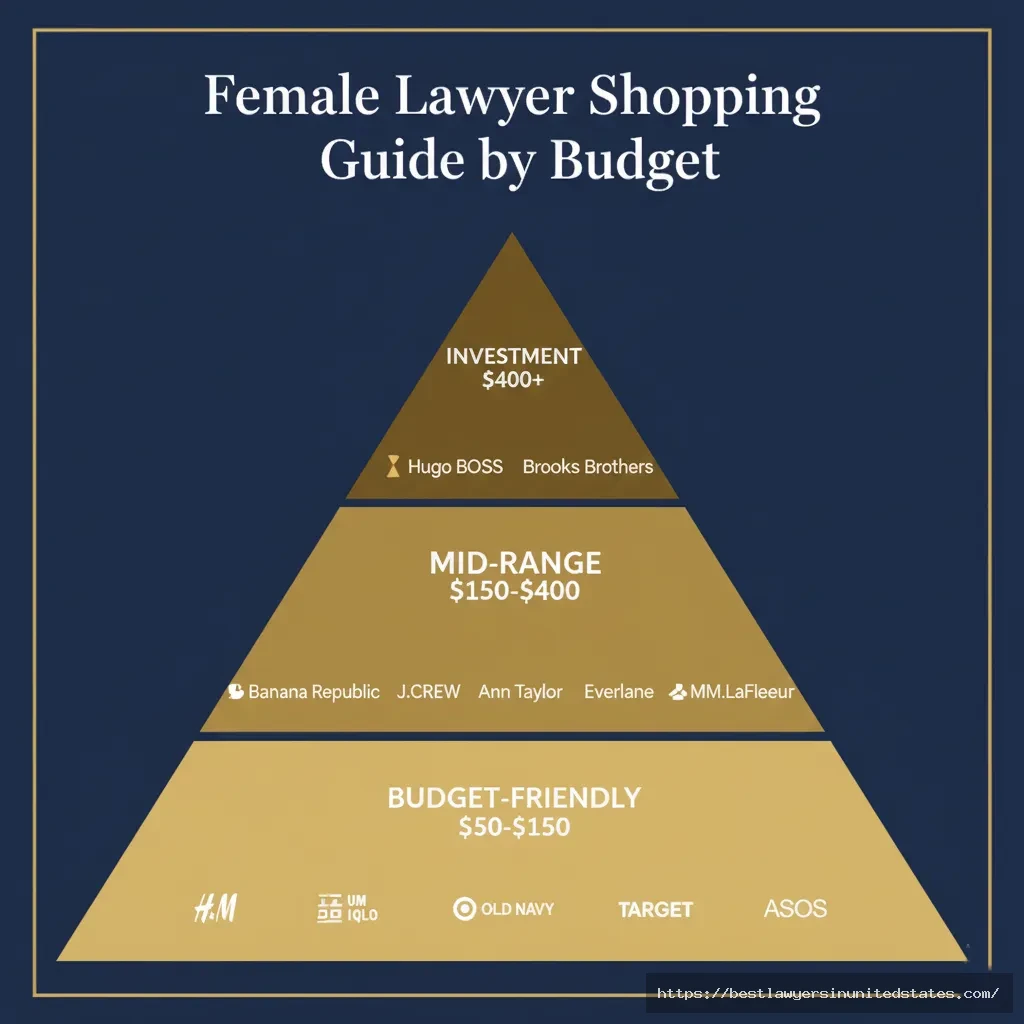 Shopping guide for female lawyers showing budget-friendly to luxury brands organized by price tier from $50 to $400+
