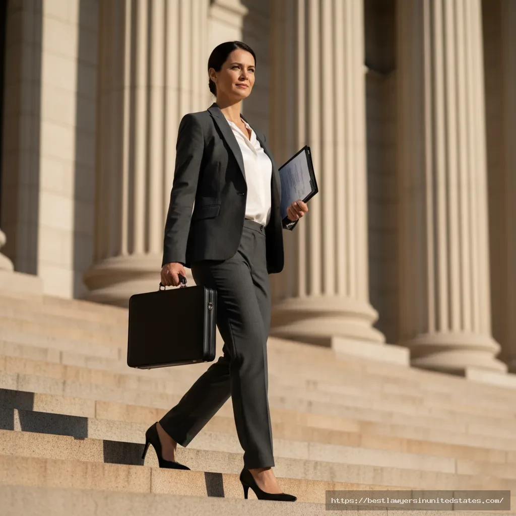 Female lawyer in charcoal gray suit confidently walking into courthouse carrying briefcase demonstrating professional legal attire