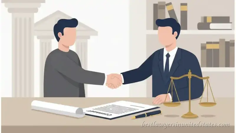 Two professionals shaking hands over a signed legal contract with justice scales in the background, symbolizing a formal legal promise.