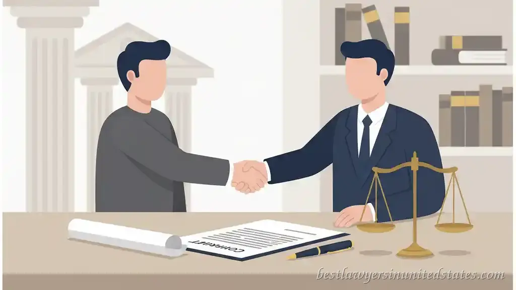 Two professionals shaking hands over a signed legal contract with justice scales in the background, symbolizing a formal legal promise.