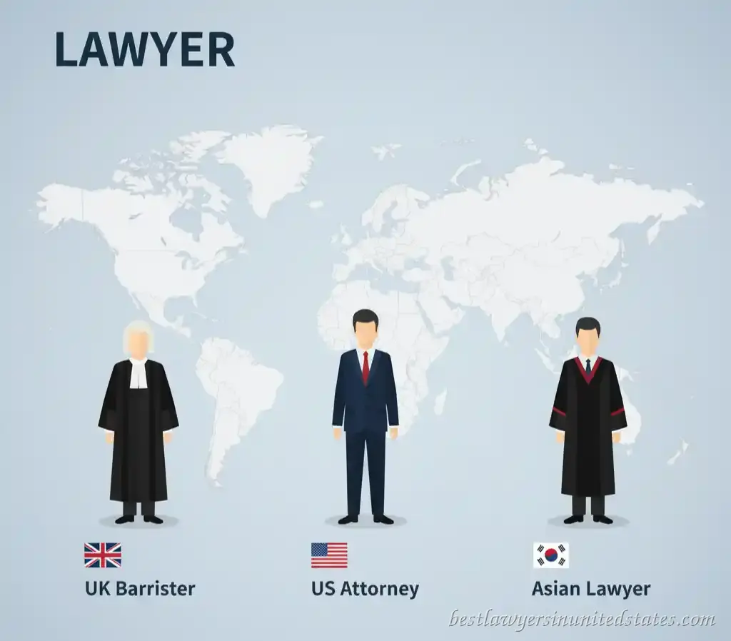 Illustrated comparison of UK barrister, US attorney, and Asian lawyer attire.
