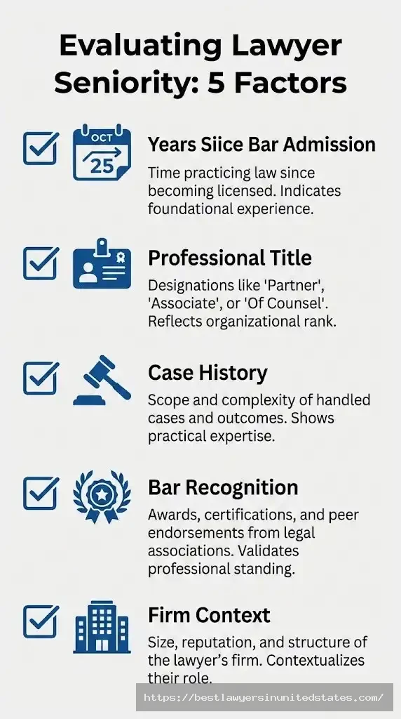 Checklist showing five factors for evaluating lawyer experience and seniority level