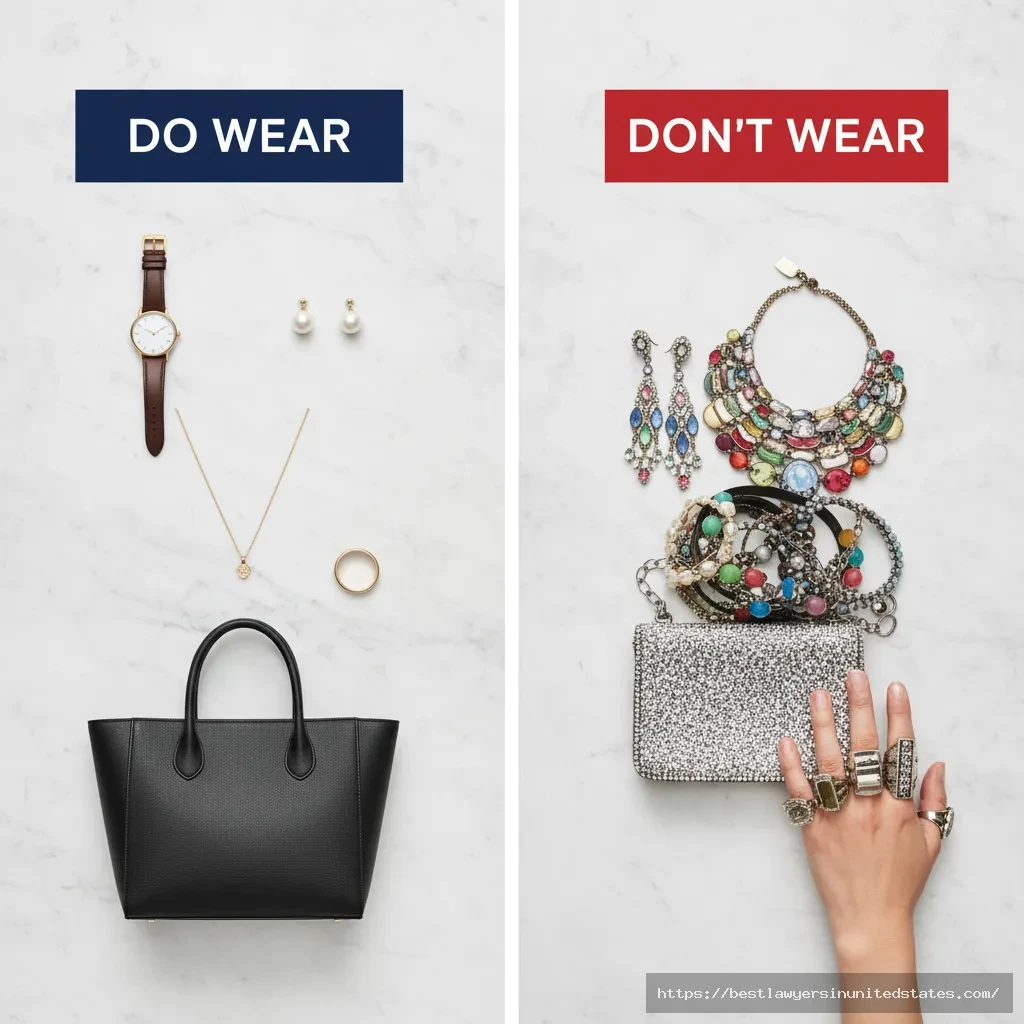 Lawyer accessories do's and don'ts guide showing appropriate versus inappropriate jewelry and bags for female attorneys