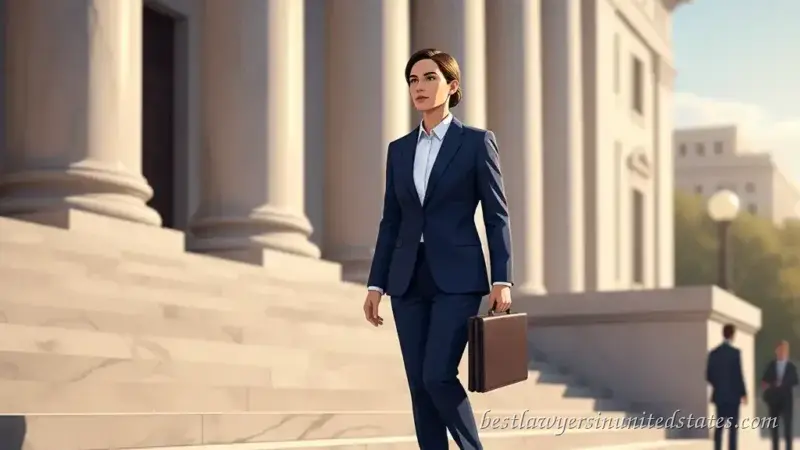 Lawyer in navy suit entering courthouse showing professional first impression.