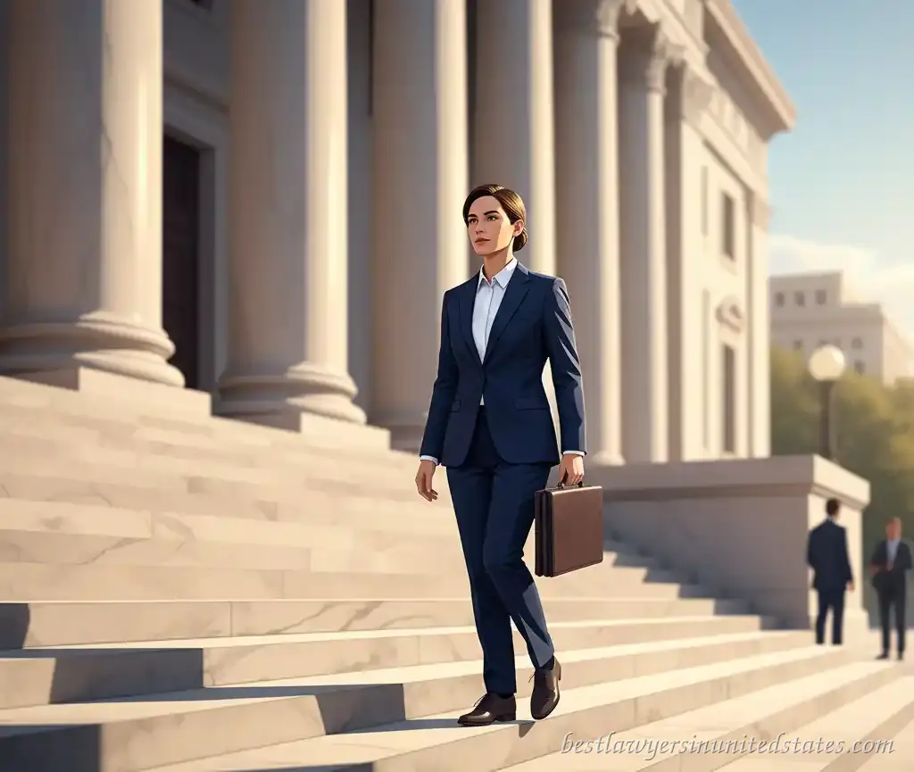 Lawyer in navy suit entering courthouse showing professional first impression.