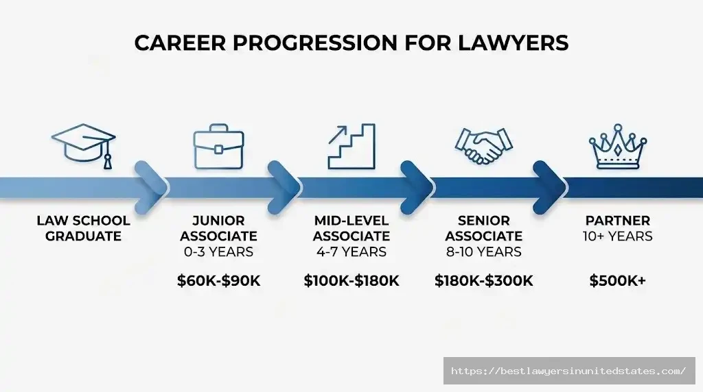 Legal career progression timeline from law school to partner with salary range