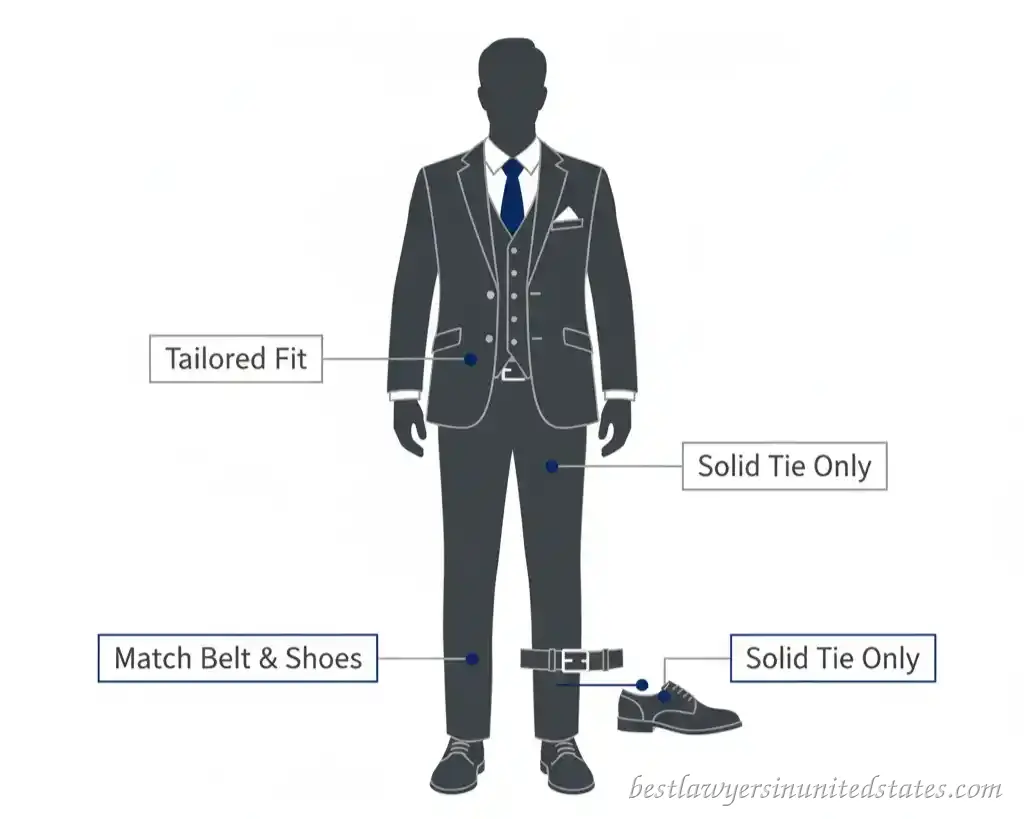 Infographic showing male lawyer outfit with labeled suit, tie, and shoes.
