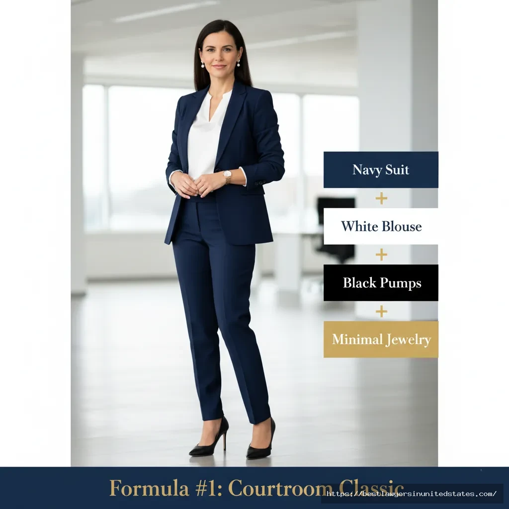 Complete outfit formula for female lawyers showing navy suit with white blouse and black pumps for courtroom appearances