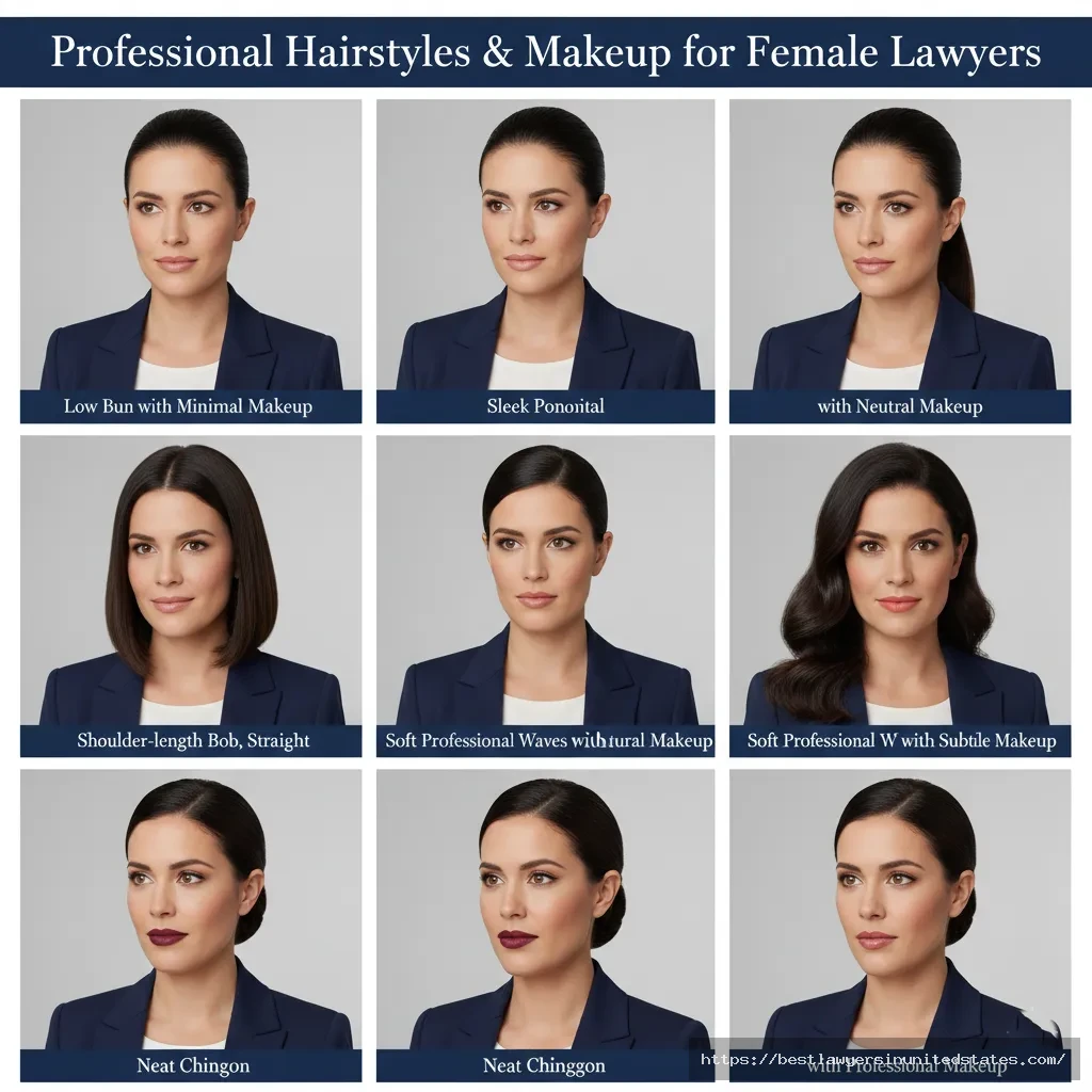 Professional hairstyles and makeup guide for female lawyers showing six court-appropriate looks from buns to waves