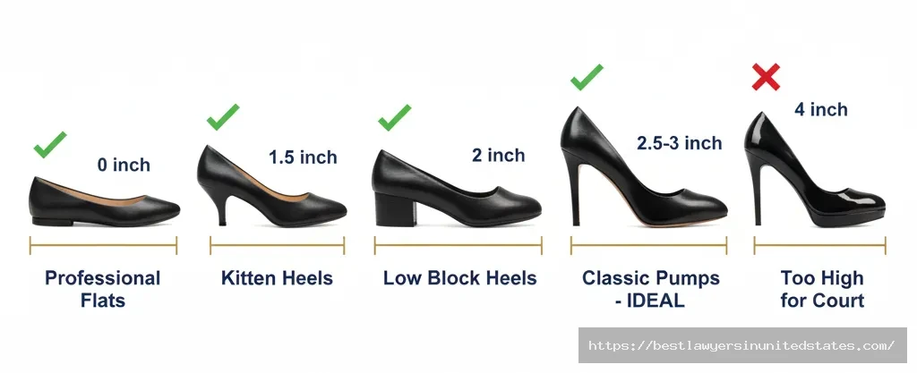 Professional heel height guide for female lawyers showing appropriate footwear from flats to 3-inch pumps