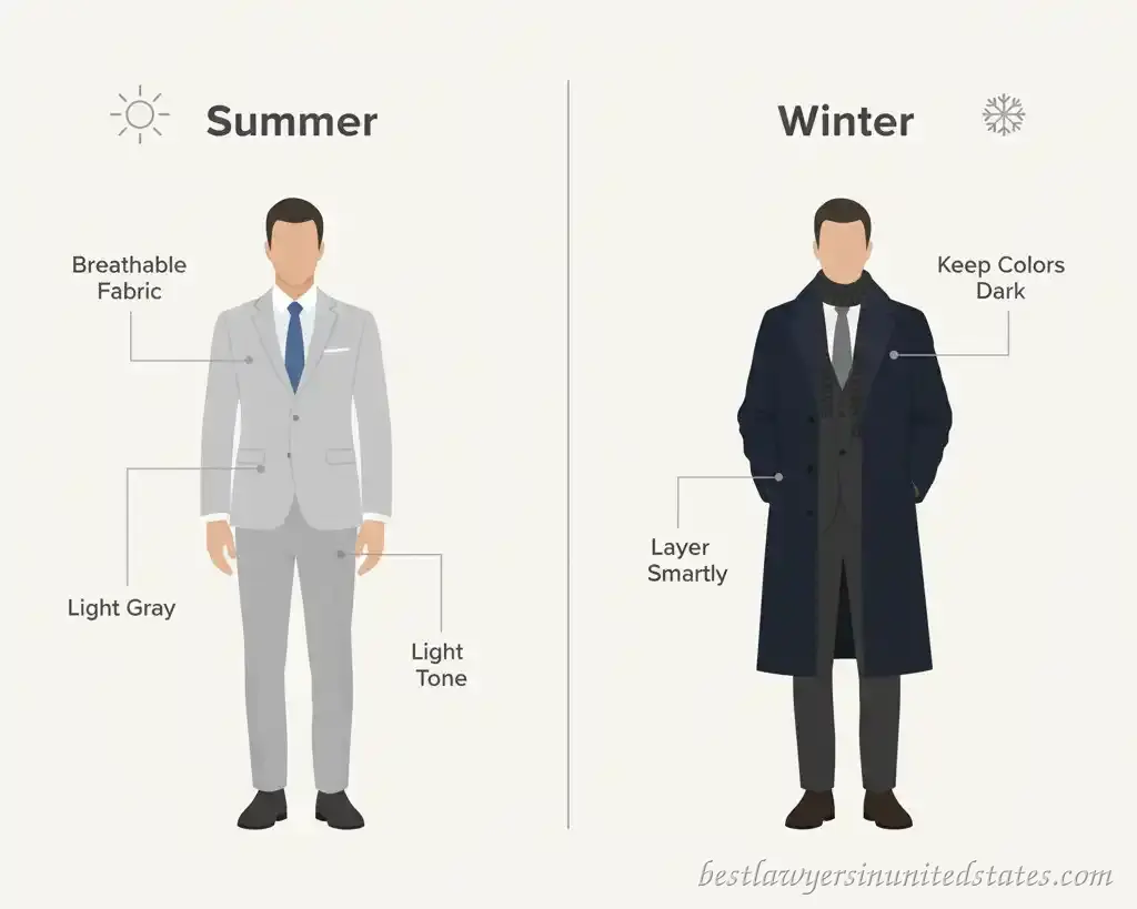 Split infographic comparing summer and winter lawyer outfits and fabrics.