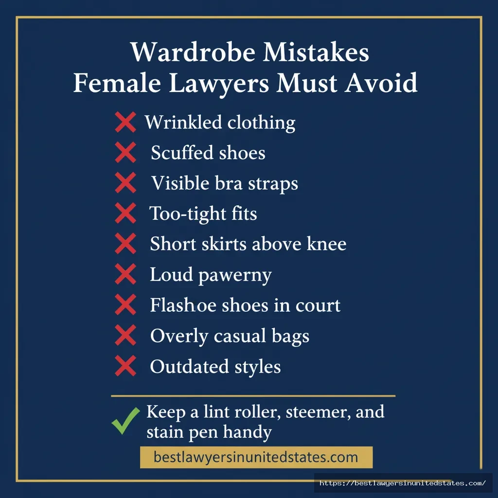 Wardrobe mistakes checklist for female lawyers showing 10 common errors to avoid in professional legal attire