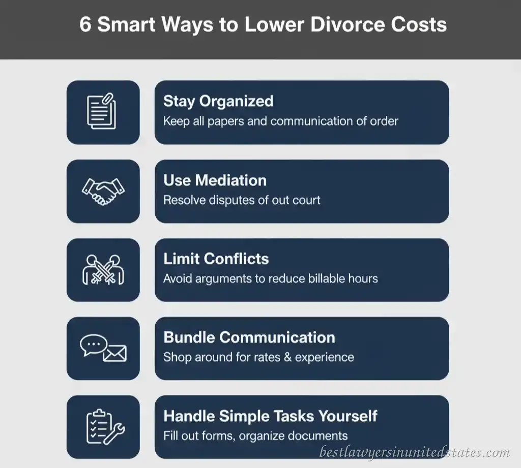 Infographic listing tips to lower divorce lawyer costs