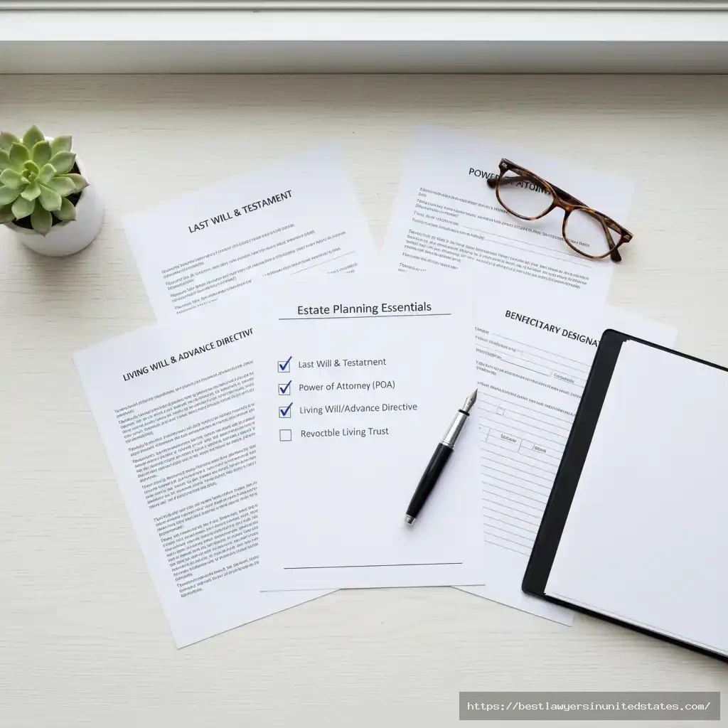 Complete estate planning documents including will, power of attorney, and trust arranged on desk