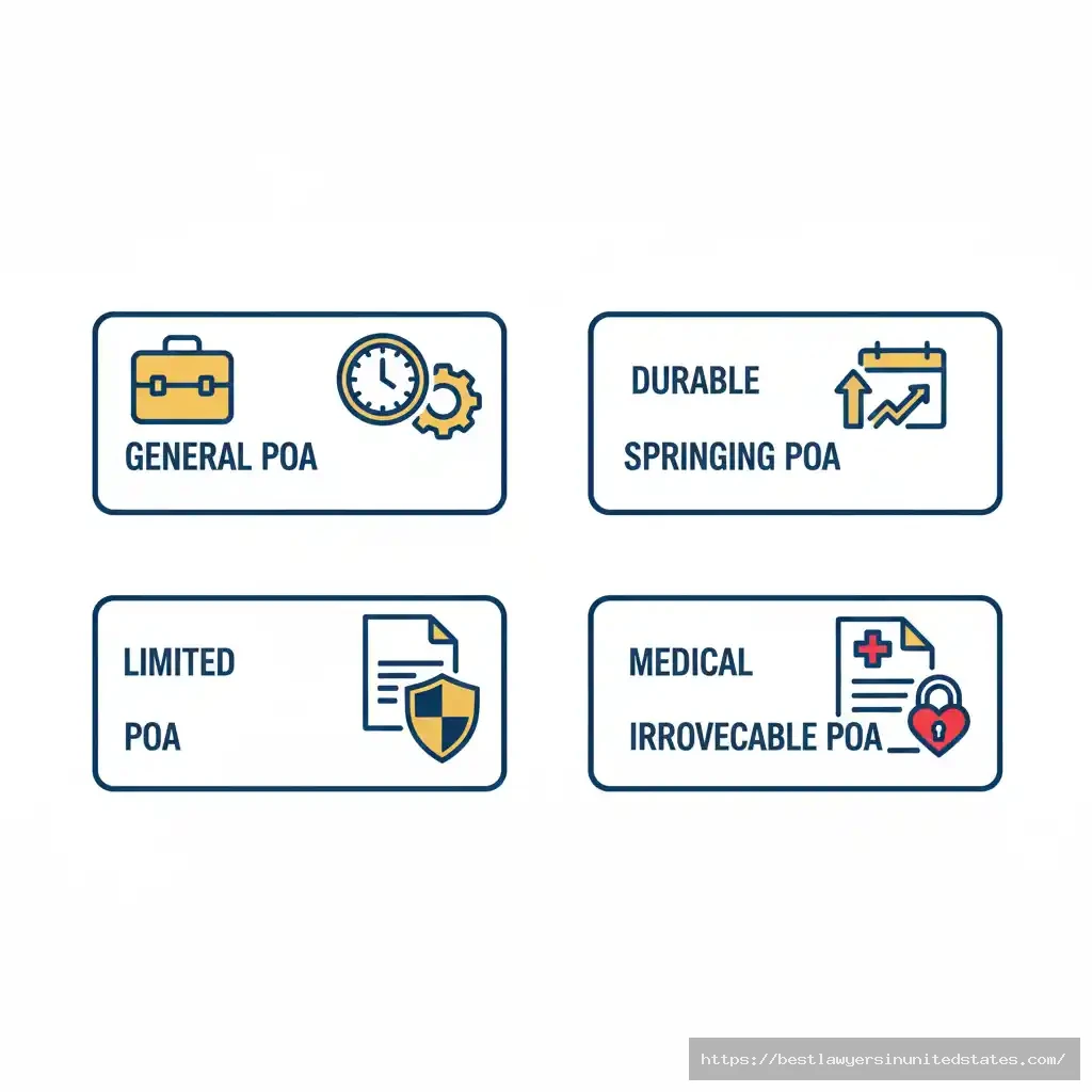 Diagram showing six types of Power of Attorney including general, durable, springing, limited, medical, and irrevocable POA